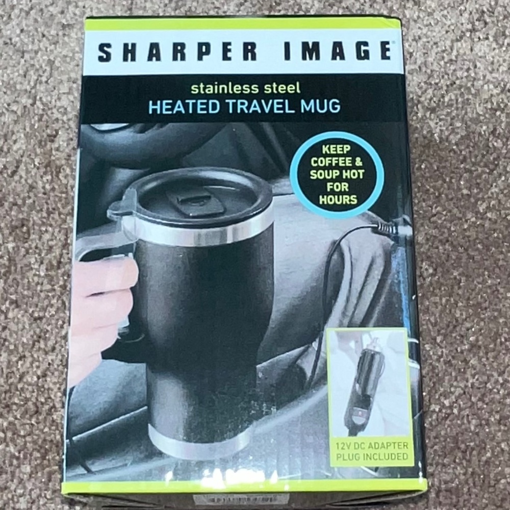 NEW! Sharper Image - Stainless Steal Heated Travel Mug - Black w/ 12V DC adapter